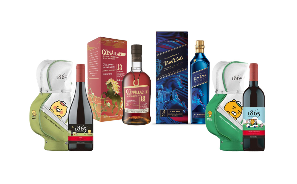 ▲이마트 주류 선물세트 ‘1865 카카오 골프백 기획 세트 2종’과 '말띠 에디션' 위스키. (사진제공 = 이마트)