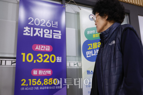 ▲1일 서울 마포구 서울고용복지플러스센터에 최저임금 안내가 게시돼 있다. 2026년 새해부터 적용되는 최저임금은 시간당 1만320원으로 지난해보다 290원(2.9%) 올랐다. 일급으로 환산하면 8시간 기준 8만2560원, 주 40시간 기준 월 환산액은 215만6880원이다. 조현호 기자 hyunho@