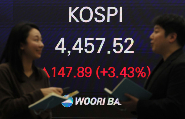 ▲코스피가 3% 넘게 올라 사상 처음으로 4400선을 돌파한 5일 서울 중구 우리은행 딜링룸 모니터에 코스피 종가가 표시되고 있다. 이날 코스피는 전장 대비 147.89포인트(3.43%) 오른 4457.52에 장을 마치며 직전 거래일(2일) 기록한 종가 기준 사상 최고치(4309.63)를 하루 만에 경신했다. 시가총액 상위 종목들이 모두 상승세를 탄 가운데, 삼성전자는 7% 넘게 오른 13만8100원에 장을 마감했다. 신태현 기자 holjjak@