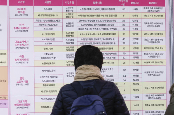 ▲서울 마포구청에서 열린 2026년 노인일자리 박람회에서 어르신들이 채용공고 게시판을 살펴보고 있다. 조현호 기자 hyunho@(이투데이DB)