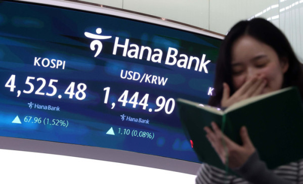 ▲코스피가 새해 3거래일 연속 역대 최고치를 기록하며 4500선을 돌파했다. 6일 서울 중구 하나은행 딜링룸 모니터에 코스피와 원·달러환율 등 시황이 표시되고 있다. 이날 코스피는 전 거래일 보다 67.96포인트(1.52%) 오른 4525.48로 장을 마쳤다. 2일 처음 4300선을 넘은 코스피는 5일 4400선을 돌파한 지 하루 만에 4500선 고지마저 넘어섰다. 신태현 기자 holjjak@