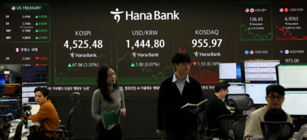 ▲코스피가 새해 3거래일 연속 역대 최고치를 기록하며 4500선을 돌파했다. 6일 서울 중구 하나은행 딜링룸 모니터에 코스피와 원·달러환율 등 시황이 표시되고 있다. 이날 코스피는 전 거래일 보다 67.96포인트(1.52%) 오른 4525.48로 장을 마쳤다. 2일 처음 4300선을 넘은 코스피는 5일 4400선을 돌파한 지 하루 만에 4500선 고지마저 넘어섰다. 신태현 기자 holjjak@