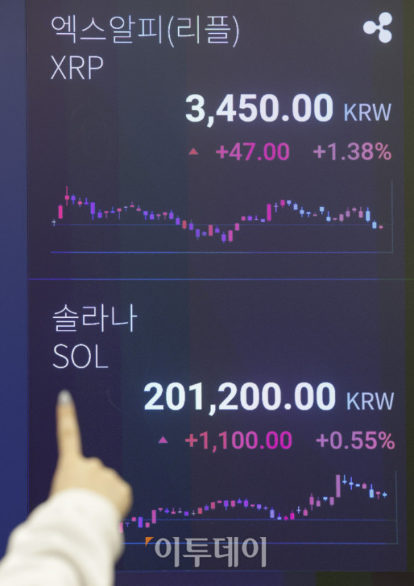 ▲암호화폐 시가총액 4위 리플(XRP)이 연초 들어 강세를 보이고 있다. 6일 오전 11시 50분 기준 글로벌 코인 시황 중계사이트 코인마켓캡에서 최고 2.41달러까지 치솟았다. 이는 지난해 10월 10일 이후 가장 높은 수준이다. 서울 강남구 업비트 라운지 가상화폐 시세 전광판에 리플과 솔라나 등 주요 가상화폐 시세가 표시돼 있다. 조현호 기자 hyunho@