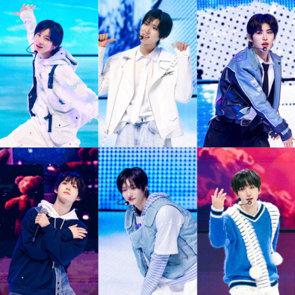 ▲킥플립 팬 콘서트 계훈(왼쪽 위부터 시계방향), 주왕, 민제, 동현, 동화, 케이주(사진제공=JYP엔터테인먼트)