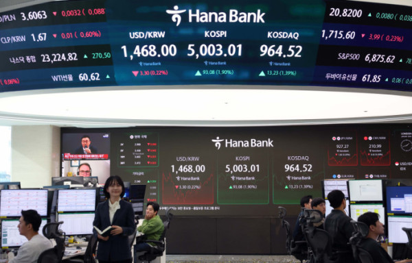 ▲코스피가 사상 처음으로 장중 5000선을 돌파한 22일 오전 서울 중구 하나은행 본점 딜링룸 전광판에 코스피 등 시황이 표시되고 있다. 신태현 기자 holjjak@