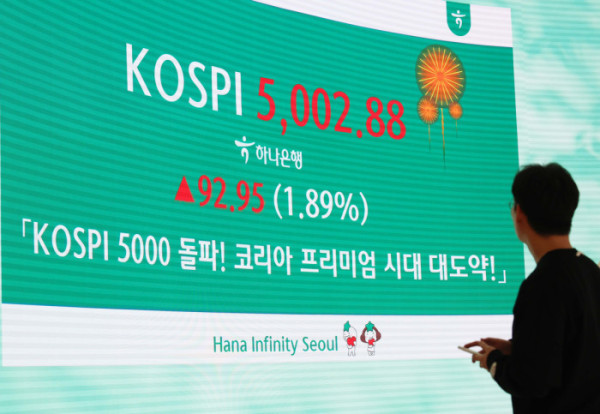 ▲코스피가 사상 처음으로 장중 5000선을 돌파한 22일 오전 서울 중구 하나은행 본점 딜링룸 전광판에 코스피 등 시황이 표시되고 있다. 신태현 기자 holjjak@