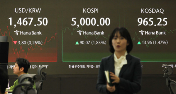 ▲코스피가 사상 처음으로 장중 5000선을 돌파한 22일 오전 서울 중구 하나은행 본점 딜링룸 전광판에 코스피 등 시황이 표시되고 있다. 신태현 기자 holjjak@