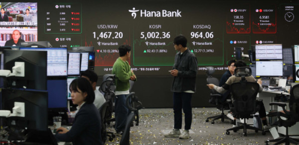 ▲코스피가 사상 처음으로 장중 5000선을 돌파한 22일 오전 서울 중구 하나은행 본점 딜링룸 전광판에 코스피 등 시황이 표시되고 있다. 신태현 기자 holjjak@