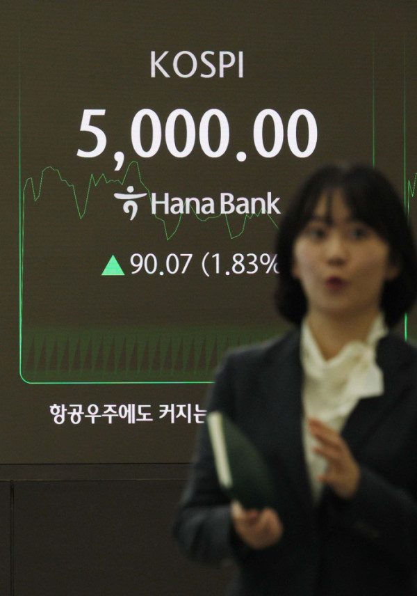 ▲코스피가 사상 처음으로 장중 5000선을 돌파한 22일 오전 서울 중구 하나은행 본점 딜링룸 전광판에 코스피 등 시황이 표시되고 있다. 신태현 기자 holjjak@