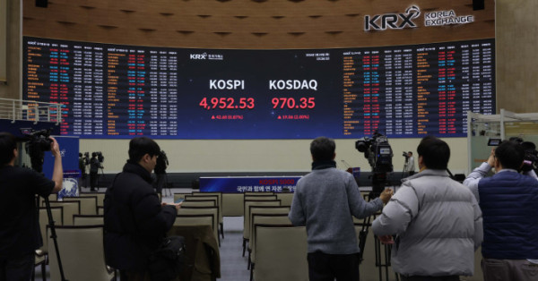 ▲코스피가 장중 사상 처음으로 5000을 돌파한 22일 서울 여의도 한국거래소 전광판에 코스피 등 시황이 표시되고 있다. 코스피는 2021년 1월 사상 처음으로 3000 포인트를 넘은 뒤 약 4년 동안 박스권 안에 갇혀 있다 지난해 10월 처음 4000을 넘어섰고, 3개월여 만에 5000 고지를 달성했다. 장중 5019.54까지 치솟았던 이날 코스피는 오후들어 상승폭이 감소하며 전 거래일보다 42.60포인트(0.87%) 오른 4952.53으로 거래를 마쳤다. 신태현 기자 holjjak@