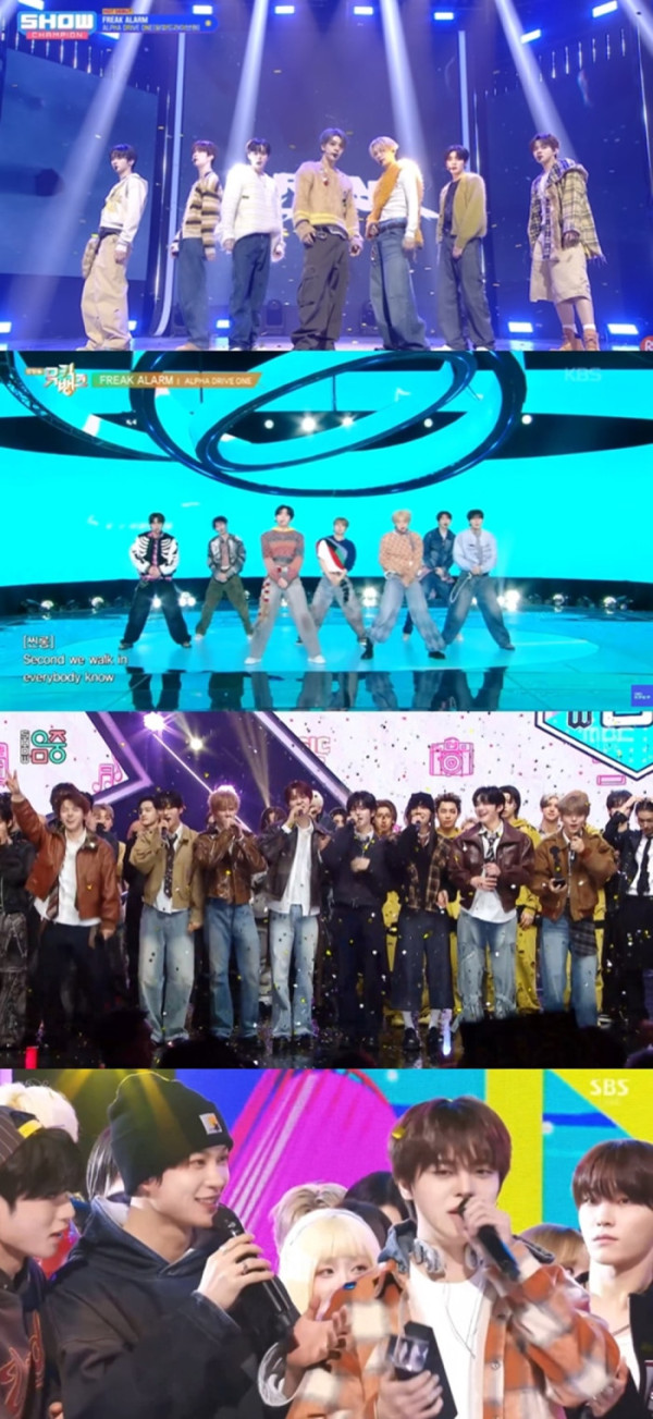 ▲'쇼 챔피언', '뮤직뱅크', '쇼! 음악중심', '인기가요'에 출연한 알파드라이브원(사진=MBC M, KBS2, MBC, SBS 방송화면 캡처)
