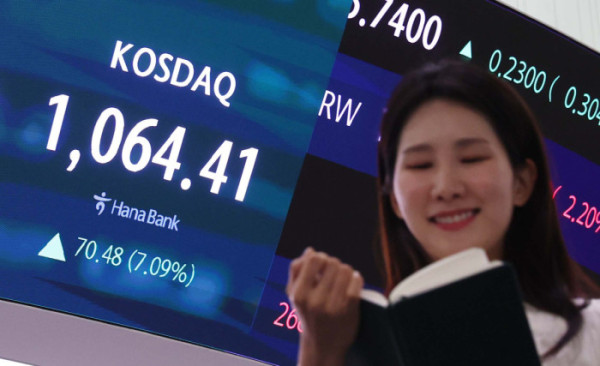 ▲코스피가 장 중 사상 최고치를 경신한 뒤 하락 전환해 4940선에서 마감하고 코스닥이 7% 넘게 폭등하면서 4년여 만에 '천스닥'을 달성한 26일 서울 하나은행 본점 딜링룸 전광판에 코스피와 코스닥, 원·달러 환율 등 시황이 표시되고 있다. 이날 코스피는 전 거래일(4990.07)보다 40.48포인트(0.81%) 내린 4949.59로 거래를 마쳤다. 코스닥은 전 거래일(993.93) 대비 70.48포인트(7.09%) 오른 1064.41로 장을 마쳤다. 코스닥이 '천스닥'을 달성한 것은 지난 2022년 1월 6일(1003.01) 이후 약 4년여 만이다. 장 중 한때 매수 사이드카도 발동돼 5분간 프로그램 매수 주문이 정지되기도 했다. 신태현 기자 holjjak@