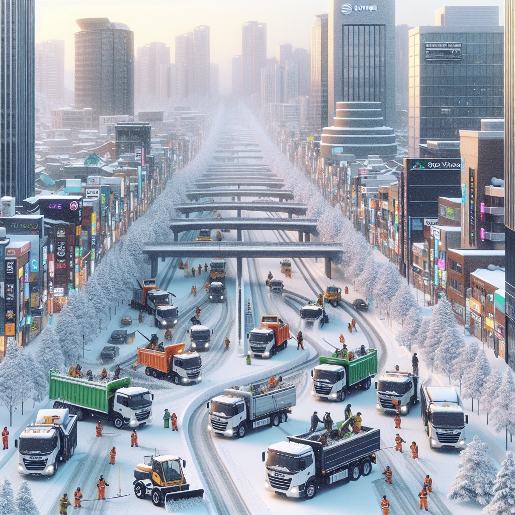 ▲최대 10cm의 폭설이 내린 후 신선한 눈으로 뒤덮인 대한민국 수원의 분주한 도시 풍경 (김재학 기자·오픈AI 달리)