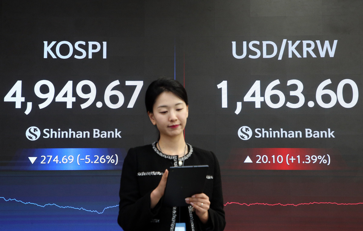 ▲2일 코스피 지수가 전 거래일 대비 274.69포인트(5.26%) 하락한 4949.67로 마감한 가운데 신한은행 딜링룸에 주요 지수가 표시되고 있다. (사진제공=신한은행)
