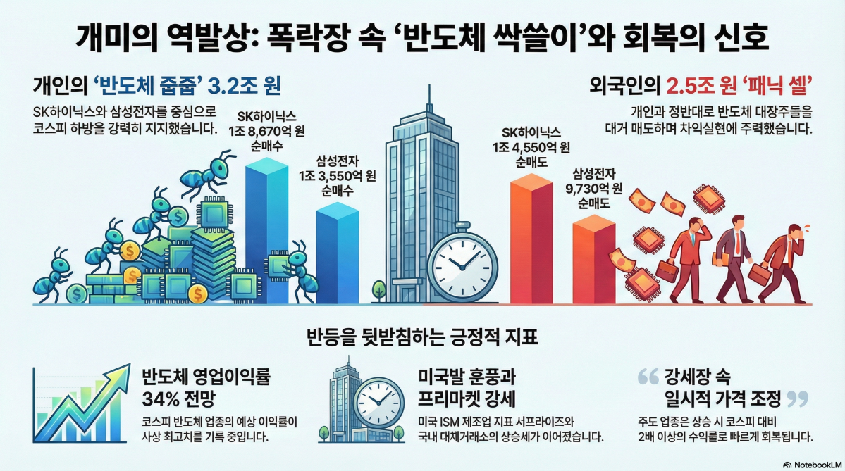 ▲개인투자자들은 폭락장에서 삼성전자와 SK하이닉스를 쓸어담았다.  (출처=구글 노트북LM)