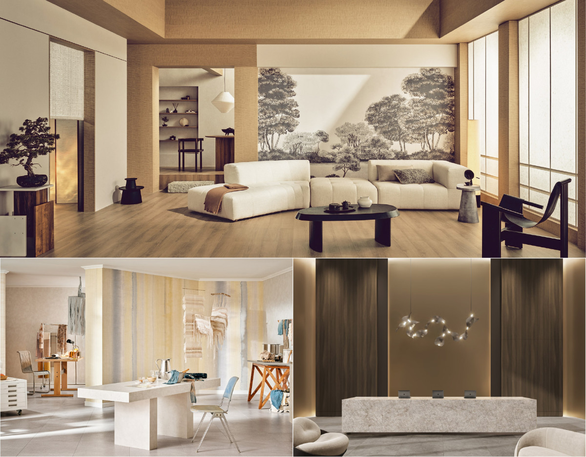 ▲LX하우시스가 올해 디자인 키워드로 제시한 ‘숨(Breathe)’ 컨셉트를 구성하는 3가지 공간별 디자인 테마. 상단부터 ‘멈춤(PAUSE)’, ‘흐름(FLOW)’, ‘울림(ECHO)’. (사진제공=LX하우시스)