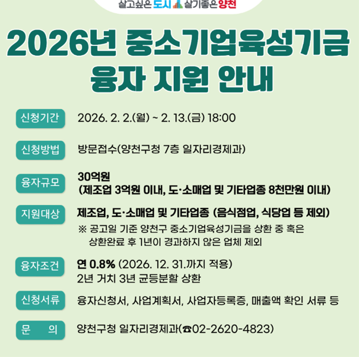 ▲ 양천구 2026년 상반기 중소기업 육성 기금 지원 안내. (사진 제공 = 양천구)