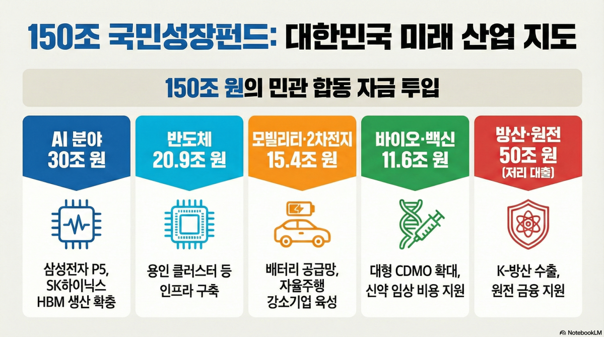 ▲정부가 추진하는 150조 원 규모의 '국민성장펀드'의 1호 투자처 공개 이후 다음 수혜가 기대되는 반도체, 원전, 방산 등 국가전략산업 주요 종목들로 시장의 시선이 집중되고 있다. (구글 노트북 LM)