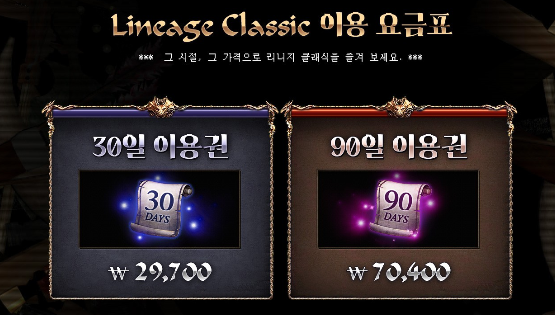 ▲리니지 클래식 이용 요금표 (리니지 클래식 홈페이지 캡처)