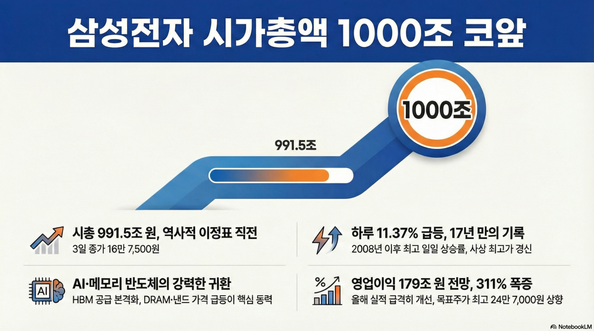 ▲삼성전자가 우선주를 제외한 단일 종목 시가총액 1000조 원 시대를 목전에 뒀다. 3일 기준 시가총액은 991조원을 돌파하면서 유가증권시장 역사의 새로운 이정표를 세우기 직전이다. (구글 노트북 LM)