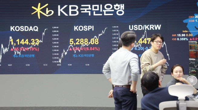 ▲코스피가 3일 7% 가까이 급등하며 종가 기준 사상 최고치를 경신했다.  (사진제공=KB국민은행)