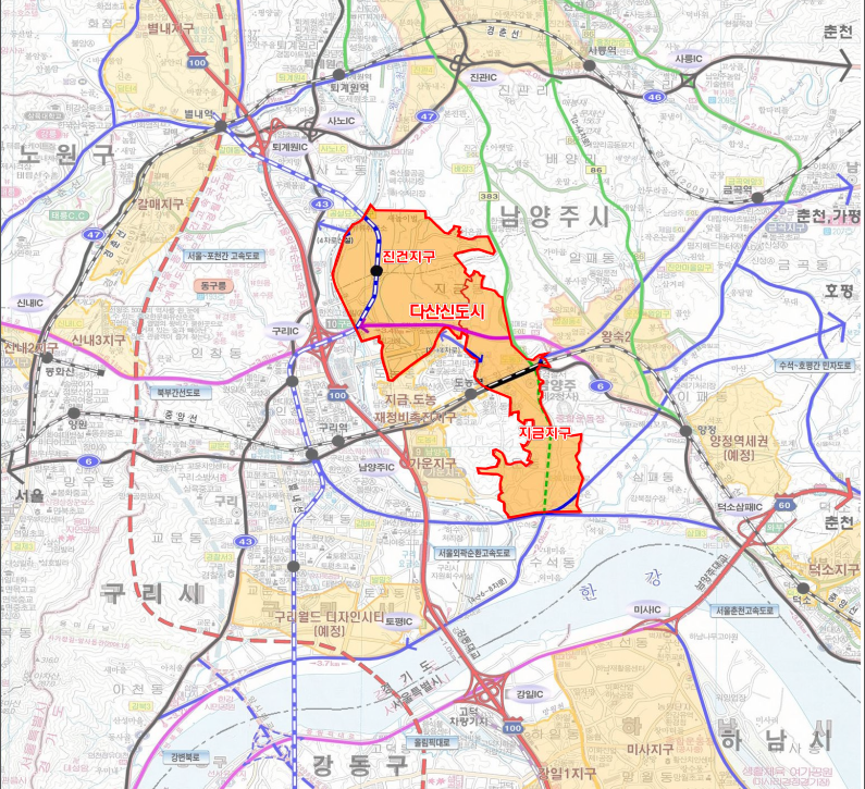 ▲다산신도시 위치도. 남양주시 다산동 일원 약 475만㎡ 부지에 조성된 다산신도시는 진건지구와 지금지구로 구성된다.  (경기주택도시공사(GH))