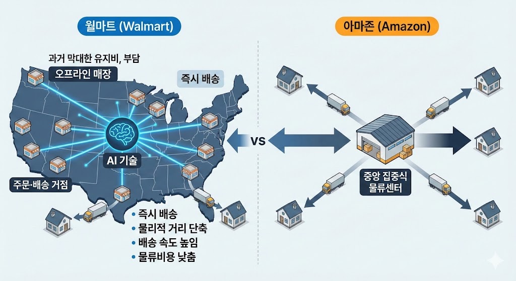 ▲월마트의 ‘매장 거점형 AI 배송’ vs 아마존의 ‘중앙 집중식 물류’ 비교. (출처=구글 제미나이 생성 AI이미지)