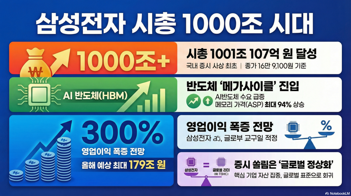 ▲삼성전자가 장 중 우리나라 증시 역사상 최초로 단일 종목 시가총액 1000조원 시대를 열었지만 일각에선 증시 쏠림이 과도하다는 의견과 자연스러운 흐림이라는 의견 사이에서 논란이 일고 있다. (구글 노트북 LM)