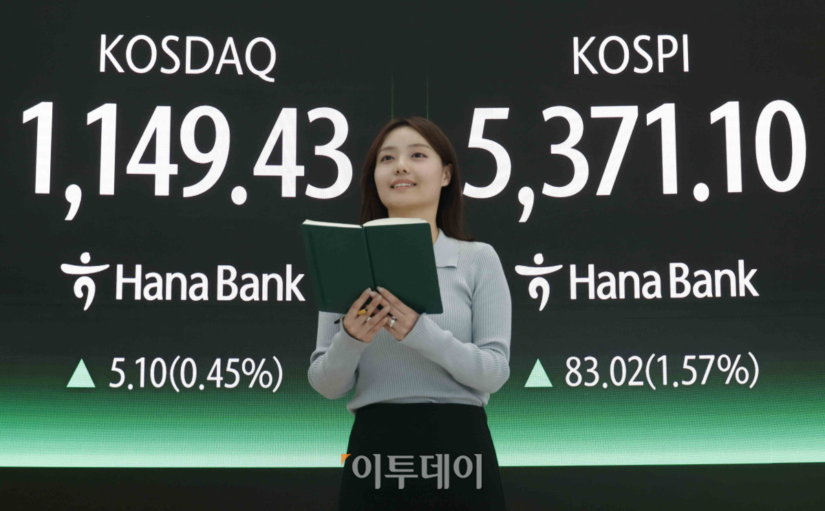 ▲코스피가 5300선을 돌파하며 사상 최고치를 경신한 4일 서울 중구 하나은행 딜링룸 전광판에 코스피, 코스닥이 표시돼 있다. 이날 코스피 지수는 전 거래일보다 83.02(1.57%) 포인트 상승한 5371.10을 코스닥 지수는 5.10(0.45%) 포인트 상승한 1149.43을 나타내고 있다. 조현호 기자 hyunho@