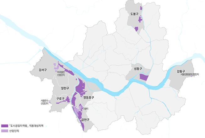 ▲'서울 공업지역 기본계획' 관련, 서울 내 산업단지와 '도시공업지역법' 적용대상지역 그래픽. (서울시)