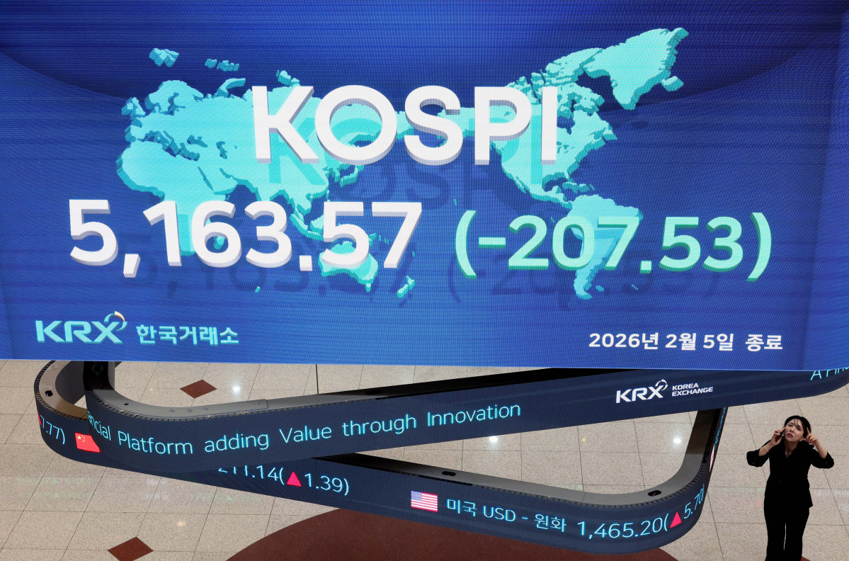 ▲미국 증시에서 반도체와 인공지능(AI) 관련주가 급락한 여파로 국내 증시도 큰 폭의 조정을 받았다. 코스피는 하루 만에 200포인트 넘게 밀리며 5100선으로 내려앉았고, 코스닥 역시 1100선에서 약세 흐름을 이어갔다. 5일 서울 여의도 한국거래소 전광판에 코스피 등 시황이 표시되고 있다. 이날 코스피는 전 거래일(5371.10) 대비 3.86%(207.53포인트) 하락한 5163.57로 거래를 마쳤다. 이날 코스닥도 전 거래일(1149.43)보다 3.57%(41.02포인트) 내린 1108.41로 장을 마감했다. 신태현 기자 holjjak@