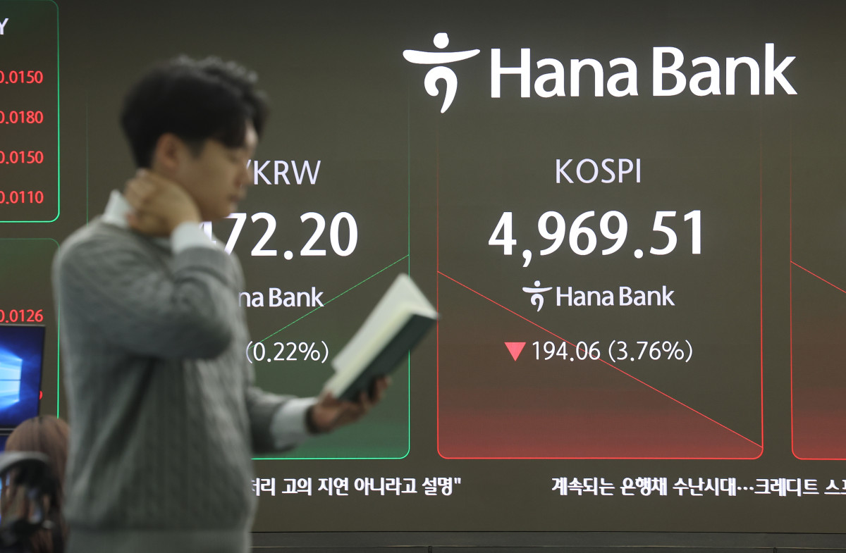 ▲코스피가 5,000선 아래로 떨어지며 출발한 6일 서울 중구 하나은행 딜링룸에서 직원이 업무를 보고 있다. (연합뉴스)