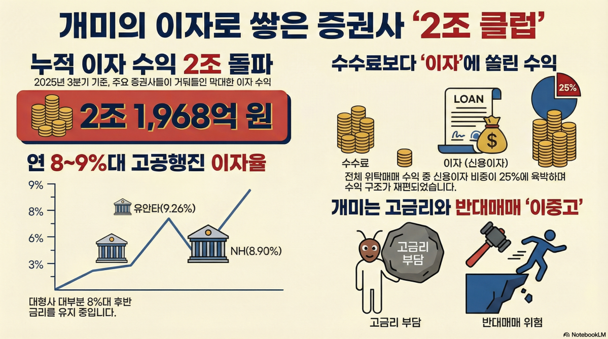 ▲증시 활황기를 맞아 개인 투자자들의 신용거래가 급증한 가운데, 국내 주요 증권사들이 고금리 이자 수익을 바탕으로 역대급 실적 행진을 이어가고 있다. 증권업계가 ‘이자 장사’에 몰두하고 있다는 지적이 나오는 가운데 미래에셋증권이 신용공여 이자 수익을 가장 많이 챙긴 것으로 나타났다. (구글 노트북 LM)