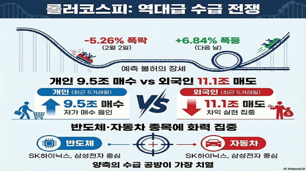 ▲코스피가 하루 만에 5~6%를 오르내리는 유례없는 '롤러코스터' 장세를 연출하면서 시장의 변동성이 극에 달하고 있다. 지수의 체급이 커진 상황에서 개인 투자자들의 역대급 매수세와 외국인의 대규모 매도세가 격돌하며 국내 증시는 그야말로 숨 막히는 수급 전쟁터로 변모했다. (구글 노트북 LM)
