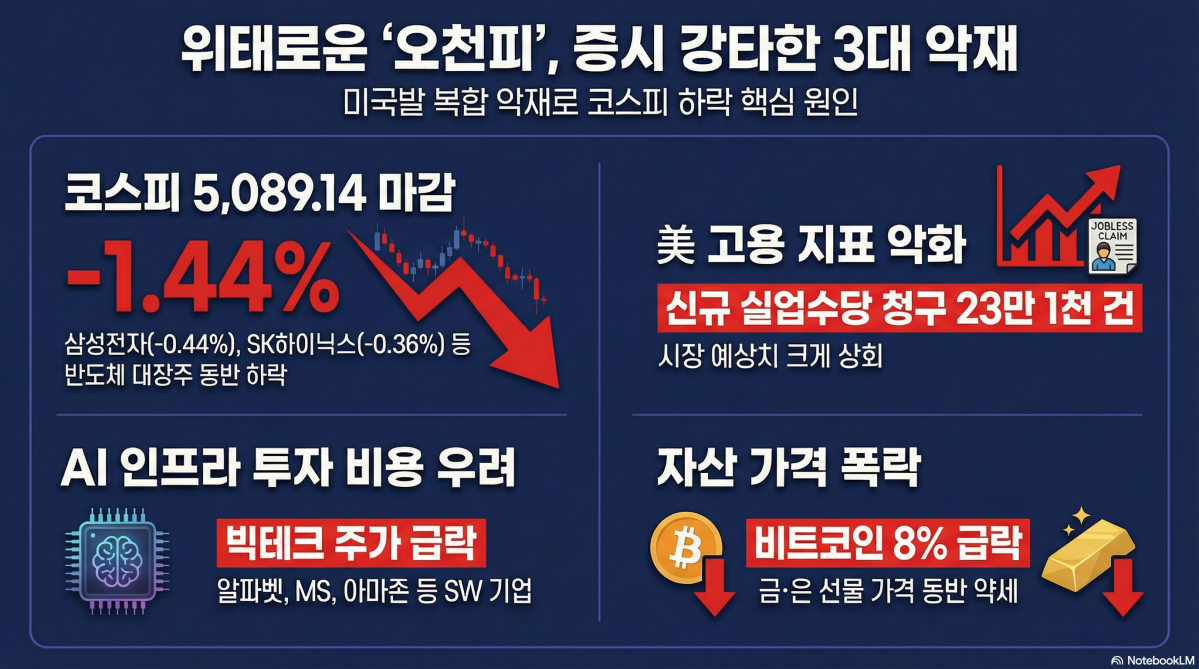 ▲간밤 미국 증시가 인공지능(AI) 기업들의 과도한 인프라 투자에 대한 비용 우려와 고용경기 악화, 금·은·비트코인 가격 급락 등 총체적 악재 영향에 하락했다. 그러면서 올해 코스피 지수 상승을 견인했던 반도체 투톱 삼성전자와 SK하이닉스도 약세를 보이며 코스피도 하락 마감했다.  (구글 노트북 LM)