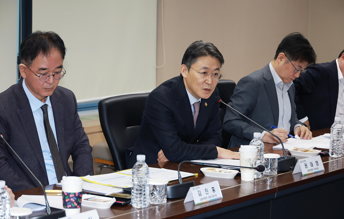 ▲권대영 금융위원회 부위원장이 9일 오전 서울 중구 여신금융협회에서 카드업계 등과 함께 '재기 지원 카드상품' 준비 상황을 점검하고 있다. (사진제공=금융위원회)