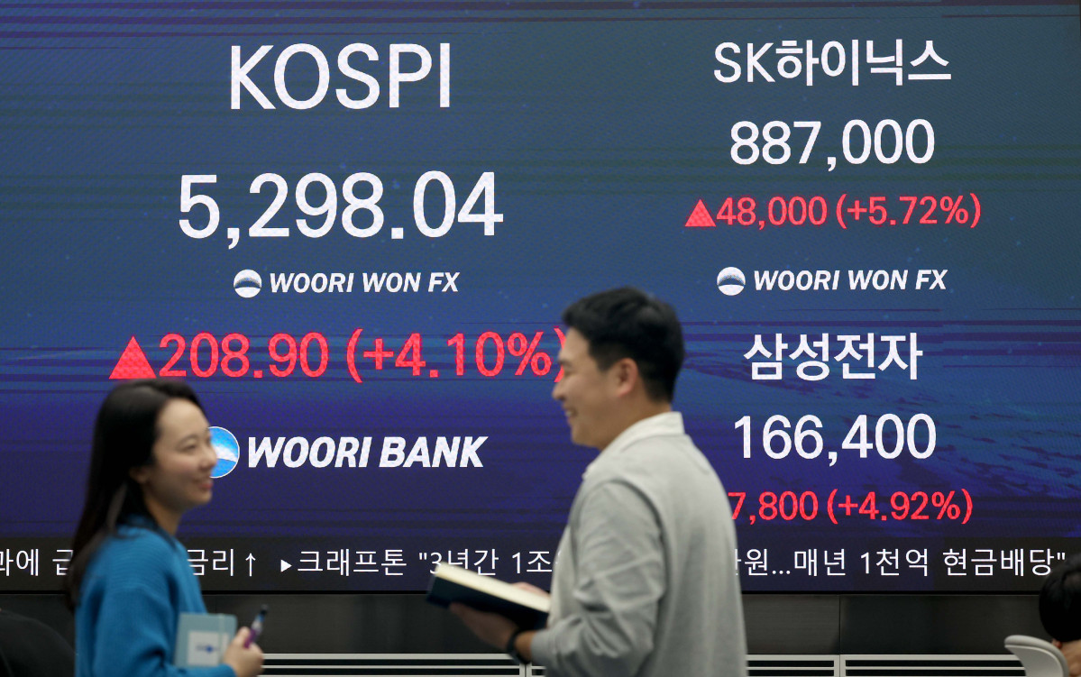 ▲국내 증시가 모두 4%대 상승하며 거래를 마감한 9일 서울 중구 우리은행 딜링룸 모니터에 코스피 등 시황이 표시되고 있다. 이날 코스피는 전 거래일 대비 208.90포인트(4.10%) 오른 5298.04에 거래를 마감했다. 코스닥은 전장 대비 46.78포인트(4.33%) 오른 1127.55에 거래를 마쳤다. 신태현 기자 holjjak@