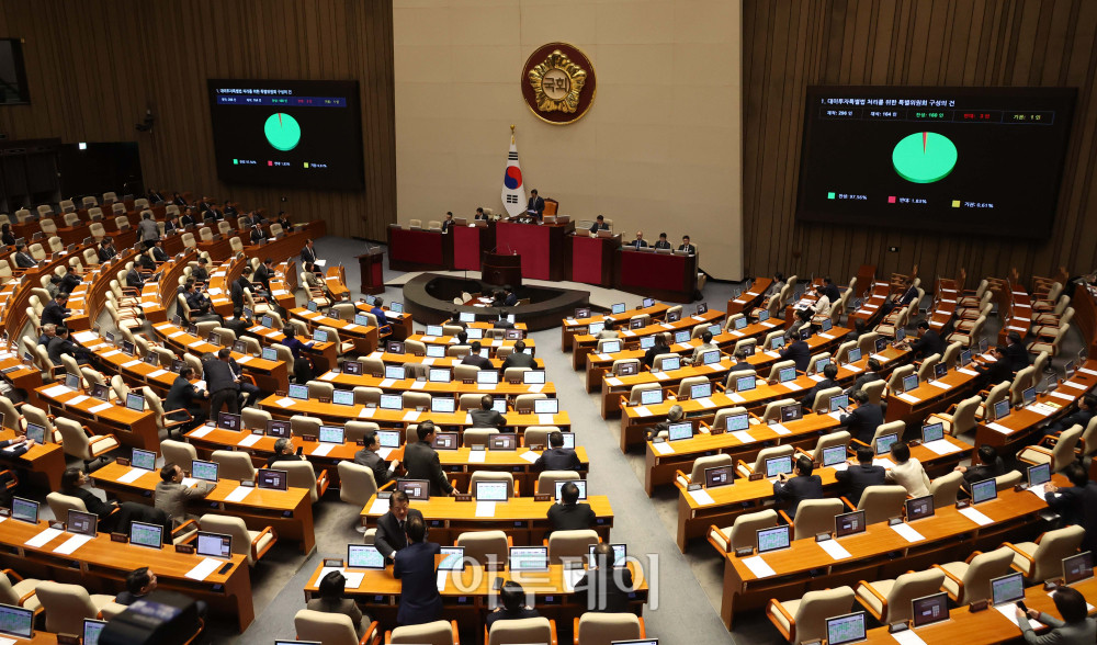 ▲9일 서울 여의도 국회에서 열린 본회의에서 대미투자특별법 처리를 위한 특별위원회 구성의 건이 가결되고 있다. 고이란 기자 photoeran@
