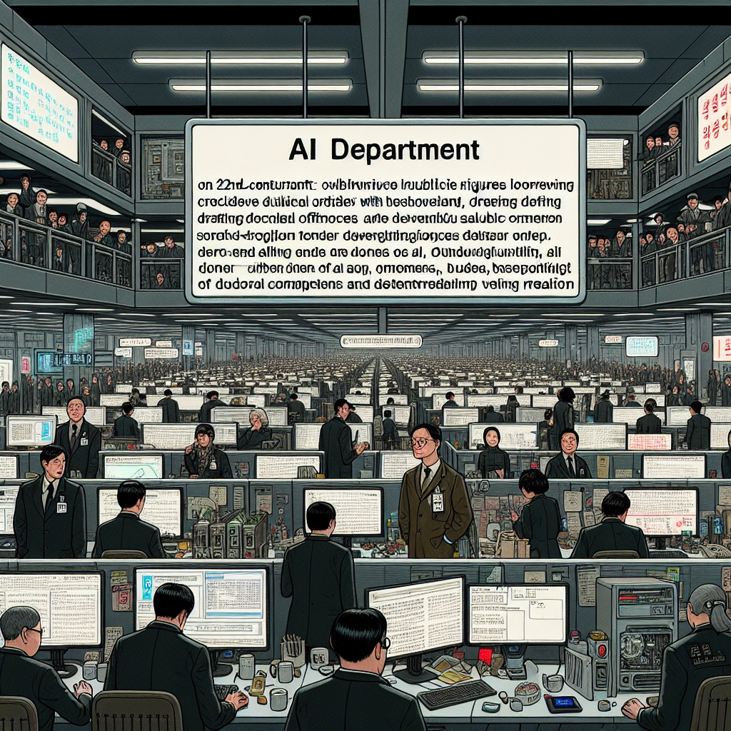 ▲첨단 AI 기술을 탑재했지만 혼돈과 혼돈으로 가득 찬 경기도 AI국 모습 . 해당 장면은 공무원들이 오류를 무시하고, 불필요한 조례를 만들고, 현실과 단절되는 모습을 담고 있는 이미지.   (김재학 기자·오픈AI 달리)