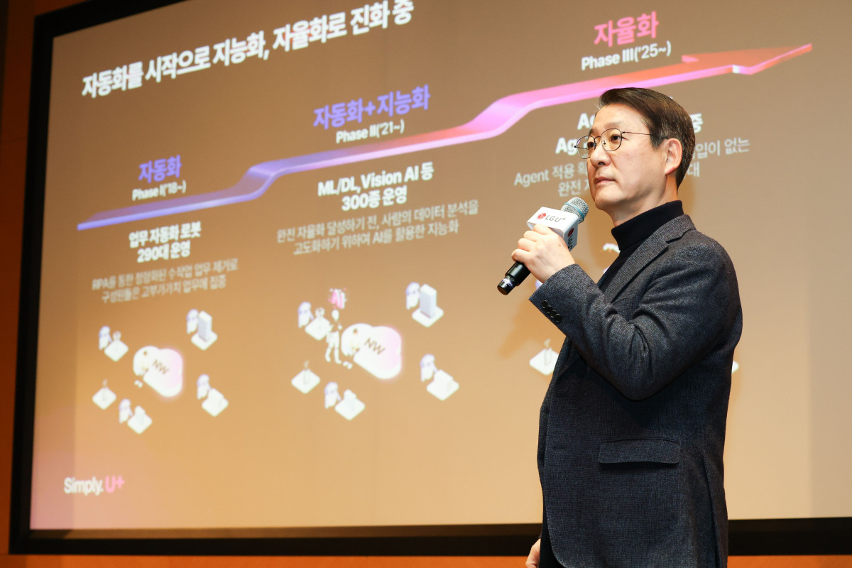 ▲권준혁 LG유플러스 네트워크부문장이 10일 서울 강서구 LG사이언스파크에서 열린 기자간담회에서 '자율화 네트워크' 전략에 대해 설명하고 있다. (사진제공=LG유플러스)