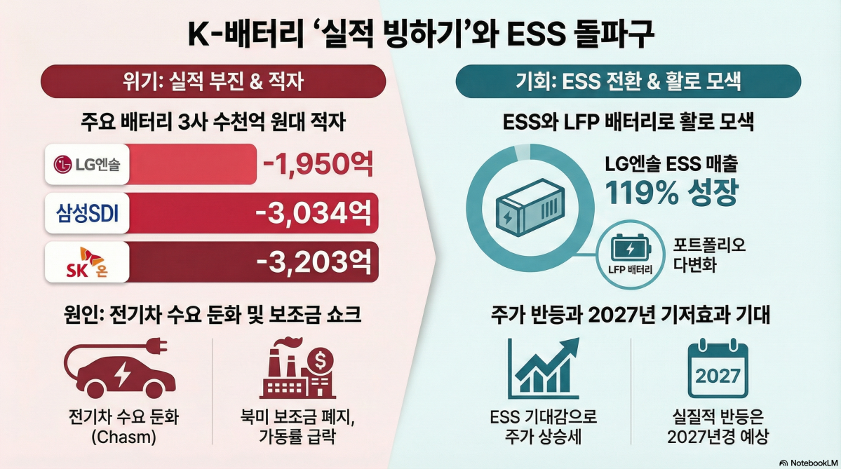 ▲국내 배터리 업계가 올해 1분기 전례 없는 ‘실적 빙하기’를 맞이하고 있다. 글로벌 전기차(EV) 수요 둔화(Chasm)가 예상보다 길어지는 가운데 ESS로 새로운 활로를 찾고 있지만 당분간 어려운 시기는 지속될 것이란 전망이 나왔다.  (구글 노트북 LM)