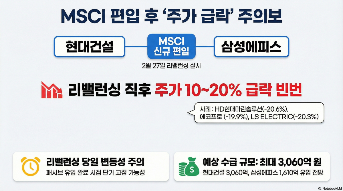▲모건스탠리캐피털인터내셔널(MSCI) 한국 지수에 현대건설·삼성에피스홀딩스가 신규 편입됐지만, 편입 이후 재료 소진으로 주가가 흔들리 수 있다는 우려가 나온다. (구글 노트북 LM)
