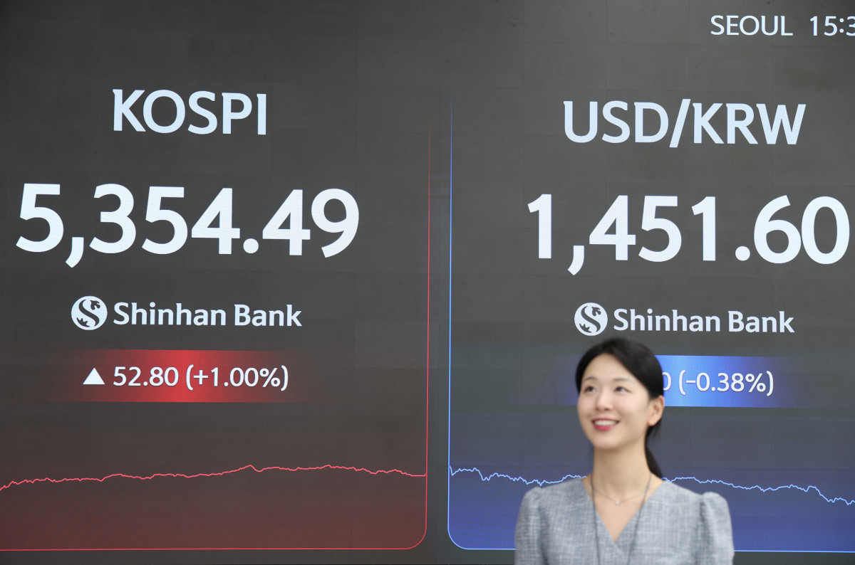 ▲11일 코스피 지수가 전 거래일 대비 52.80포인트(1.00%) 오른 5354.49로 마감한 가운데 신한은행 딜링룸에 주요 지수가 표시되고 있다. (사진제공=신한은행)