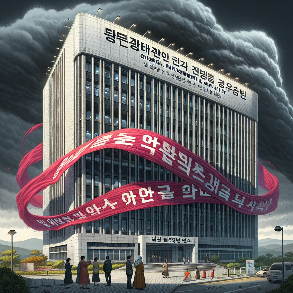 ▲건물 밖으로 굵은 빨간색 글씨로 '조사보고서', '위반사항 16건 발견'이라고 적힌 대형 현수막이 걸려 있는 이미지. (김재학 기자·오픈AI 달리)