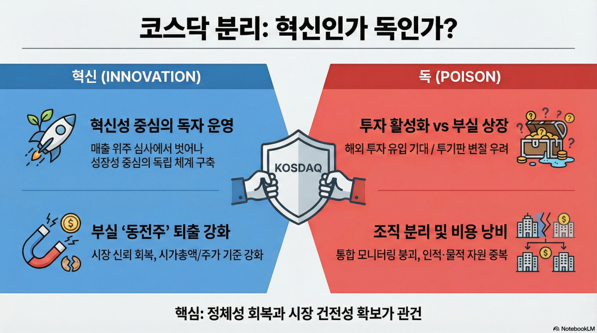 ▲정부와 여당이 코스닥 시장 활성화 정책의 일환으로 한국거래소를 지주회사로 전환하고 코스닥을 자회사로 분리하는 방안을 추진하면서 자본시장 내 이해관계자들의 찬반 논쟁이 격화되고 있다. (구글 노트북 LM)