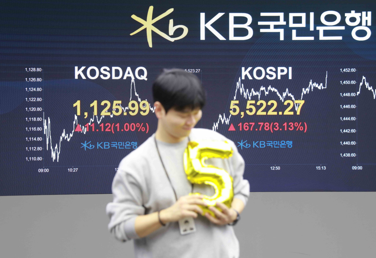 ▲12일 서울 영등포구 KB국민은행 딜링룸 전광판에 코스피지수가 5522.27을 표시되고 있다. (KB국민은행)