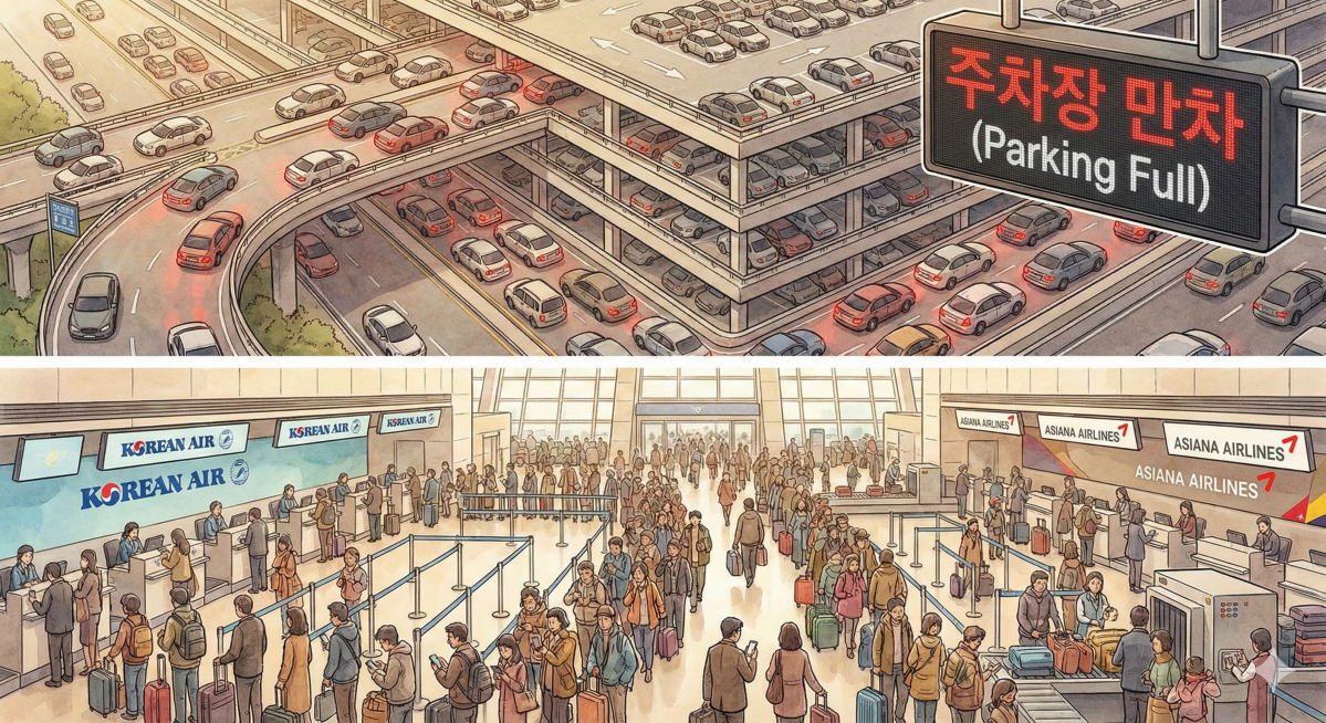 ▲연휴 앞둔 인천공항이 불안한 이유, 인천공항 제2터미널 주차 논란 (출처=제미나이 나노바나나 AI 기반 편집 이미지)