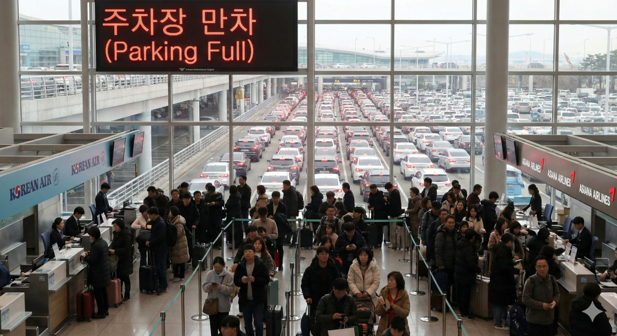 ▲연휴 앞둔 인천공항이 불안한 이유, 인천공항 제2터미널 주차 논란 (출처=제미나이 나노바나나 AI 기반 편집 이미지)
