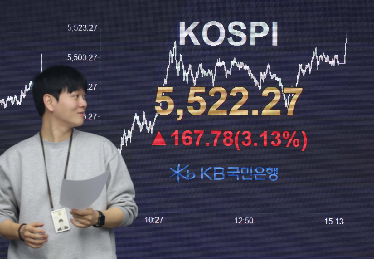▲코스피가 사상 처음으로 종가 기준 5500선을 넘어선 12일 서울 여의도 KB국민은행 딜링룸 모니터에 코스피 등 시황이 표시되고 있다. 이날 코스피는 전장보다 167.78(3.13%)포인트 오른 5522.27에 장을 마쳤다. 신태현 기자 holjjak@