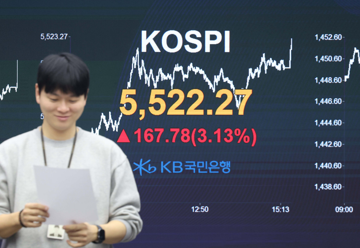 ▲코스피가 사상 처음으로 종가 기준 5500선을 넘어선 12일 서울 여의도 KB국민은행 딜링룸 모니터에 코스피 등 시황이 표시되고 있다. 이날 코스피는 전장보다 167.78(3.13%)포인트 오른 5522.27에 장을 마쳤다. 신태현 기자 holjjak@